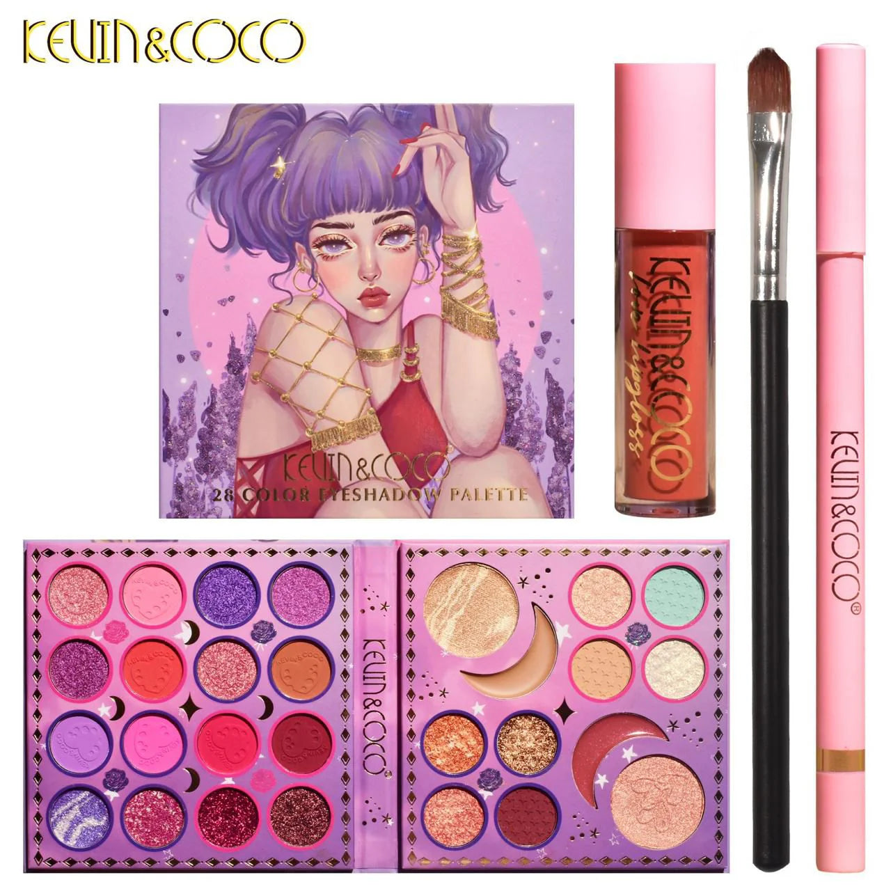 Kevin Coco 28 Color Palette Set with Lip Gloss + Brush